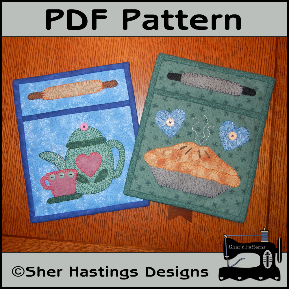 Pdf Pattern For Fabric Pocket Organizers - Pie & Teapot Quilted Wall Hanging, Tutorial, Diy